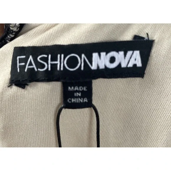 Fashion Nova Diva Sequin Mini Dress X-Large Plunge V-Neck Beige Black Slits Sexy - Picture 10 of 12